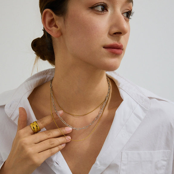 Wholesale Jewelry Stainless Steel And Titanium Steel Geometric Style Multilayer Stacked Necklace With Electroplating