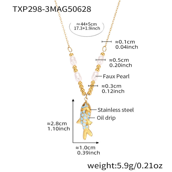 Wholesale Jewelry 316L Stainless Steel And 316L Stainless Steel Oildropped Koi Fish Beaded Ocean Style Electroplated Necklace And Earrings