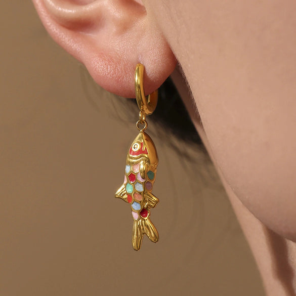 Wholesale Jewelry 316L Stainless Steel And 316L Stainless Steel Oildropped Koi Fish Beaded Ocean Style Electroplated Necklace And Earrings