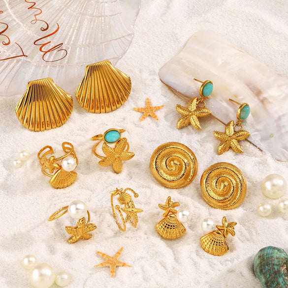 Wholesale Jewelry Stainless Steel And Titanium Steel With Marine Organisms Pattern Electroplating Starfish Shell Earrings Ring Suit