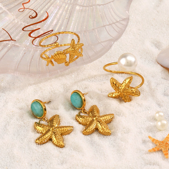 Wholesale Jewelry Stainless Steel And Titanium Steel With Marine Organisms Pattern Electroplating Starfish Shell Earrings Ring Suit