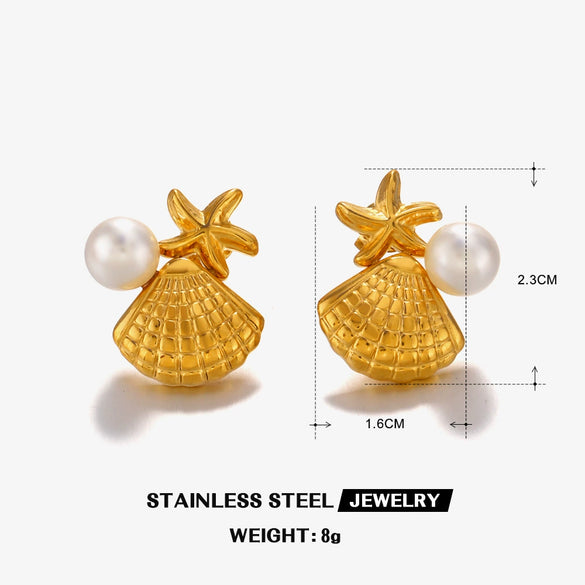 Wholesale Jewelry Stainless Steel And Titanium Steel With Marine Organisms Pattern Electroplating Starfish Shell Earrings Ring Suit