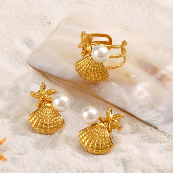Wholesale Jewelry Stainless Steel And Titanium Steel With Marine Organisms Pattern Electroplating Starfish Shell Earrings Ring Suit