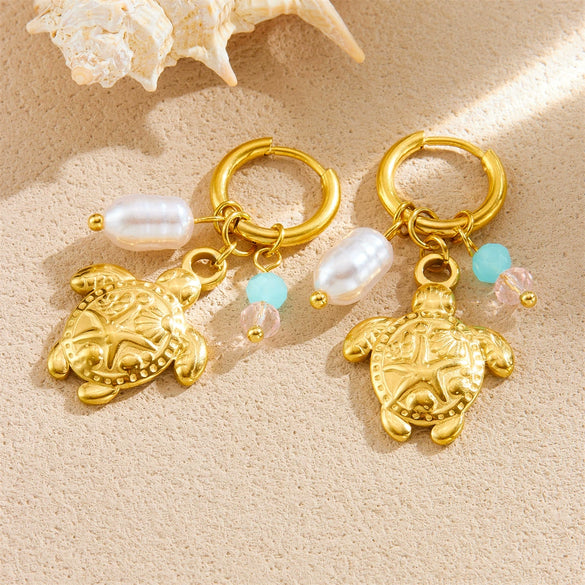 Wholesale Jewelry Stainless Steel Animal Zodiac Style Turtle Pearl Faceted Colorful Beaded Pendant Earrings