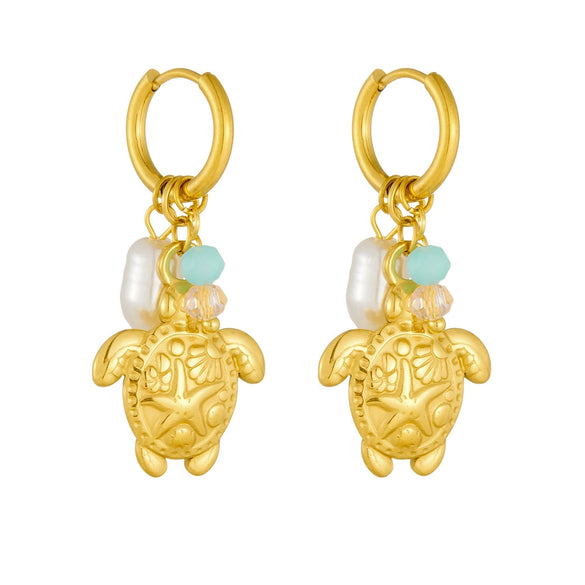 Wholesale Jewelry Stainless Steel Animal Zodiac Style Turtle Pearl Faceted Colorful Beaded Pendant Earrings