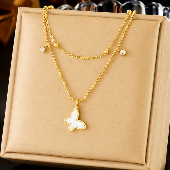 Wholesale Jewelry Stainless Steel Ball Chain With Butterfly Dragonfly Insect Pattern Goldplated Doublelayer Bracelet Necklace For Women