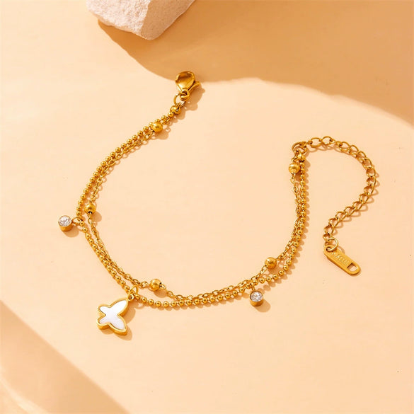 Wholesale Jewelry Stainless Steel Ball Chain With Butterfly Dragonfly Insect Pattern Goldplated Doublelayer Bracelet Necklace For Women