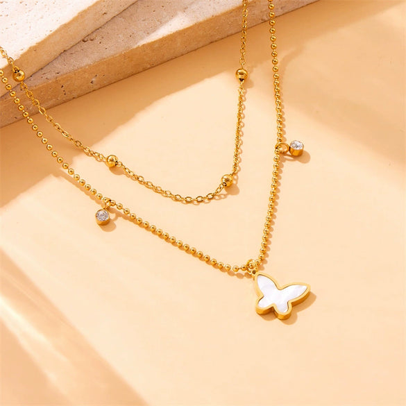 Wholesale Jewelry Stainless Steel Ball Chain With Butterfly Dragonfly Insect Pattern Goldplated Doublelayer Bracelet Necklace For Women