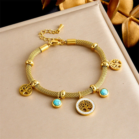 Wholesale Jewelry Stainless Steel Bamboo Chain Electroplated Life Tree Pine Stone Women's Bracelet Earrings Necklace