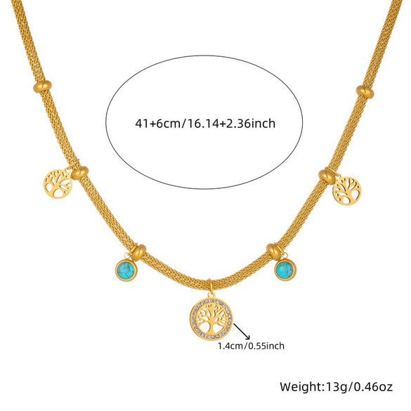 Wholesale Jewelry Stainless Steel Bamboo Chain Electroplated Life Tree Pine Stone Women's Bracelet Earrings Necklace