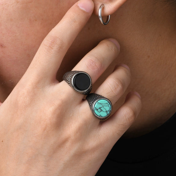 Wholesale Jewelry Stainless Steel Black Onyx Turquoise Geometric Men's Ring Electroplated