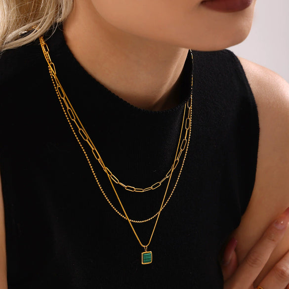 Wholesale Jewelry 316L Stainless Steel Black Shell Malachite Square Geometric Electroplated Light Luxury Women's Collarbone Chain Necklace