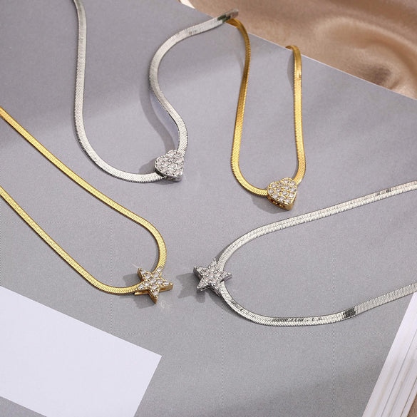 Wholesale Jewelry Stainless Steel Blade Chain Heart Star Pendant Necklace With Micropaved Zircon And 18K Gold Plated