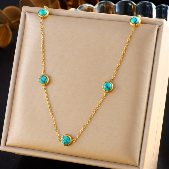 Wholesale Jewelry Stainless Steel Blue Turquoise Round Retro Fashion Earrings And Necklace Set With Electroplating