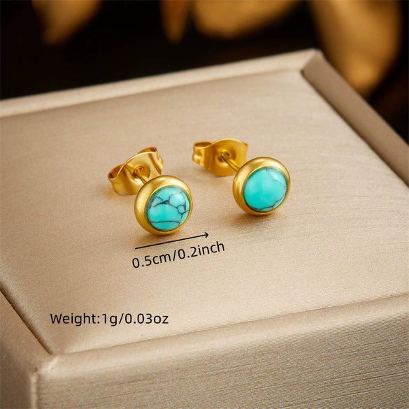 Wholesale Jewelry Stainless Steel Blue Turquoise Round Retro Fashion Earrings And Necklace Set With Electroplating
