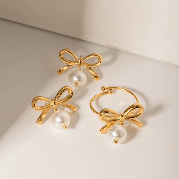 Wholesale Jewelry Stainless Steel Bow Pearl Pendant Earrings Gold Plated