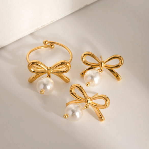 Wholesale Jewelry Stainless Steel Bow Pearl Pendant Earrings Gold Plated