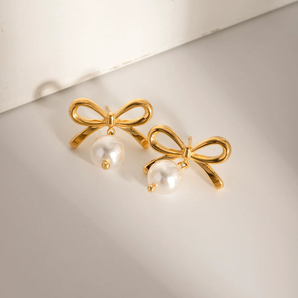 Wholesale Jewelry Stainless Steel Bow Pearl Pendant Earrings Gold Plated