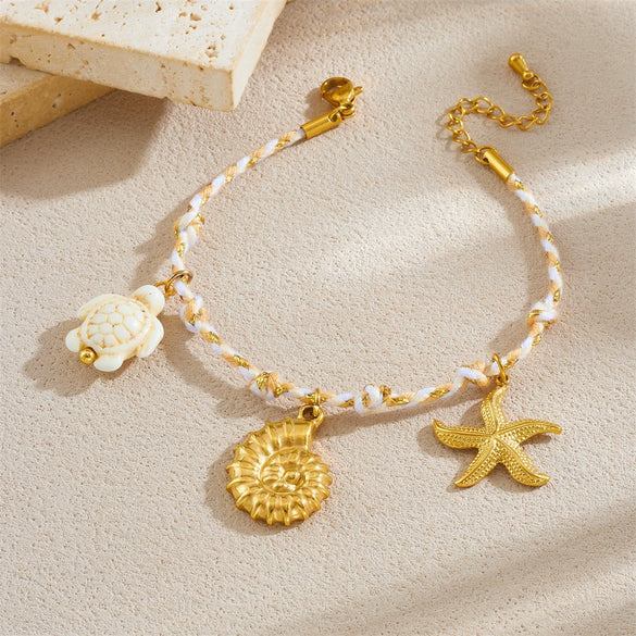 Wholesale Jewelry Stainless Steel Braided Rope Animal Zodiac Pendant Bracelet With Starfish Conch Turtle Electroplating