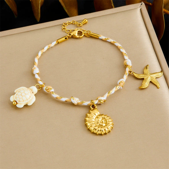 Wholesale Jewelry Stainless Steel Braided Rope Animal Zodiac Pendant Bracelet With Starfish Conch Turtle Electroplating