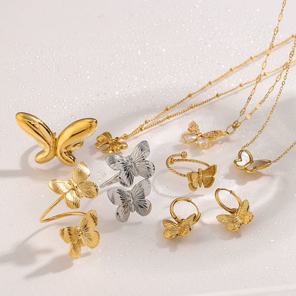 Wholesale Jewelry Stainless Steel Butterfly Necklace And Bracelet Earrings With Rhinestone Pendant Geometric Style Electroplating