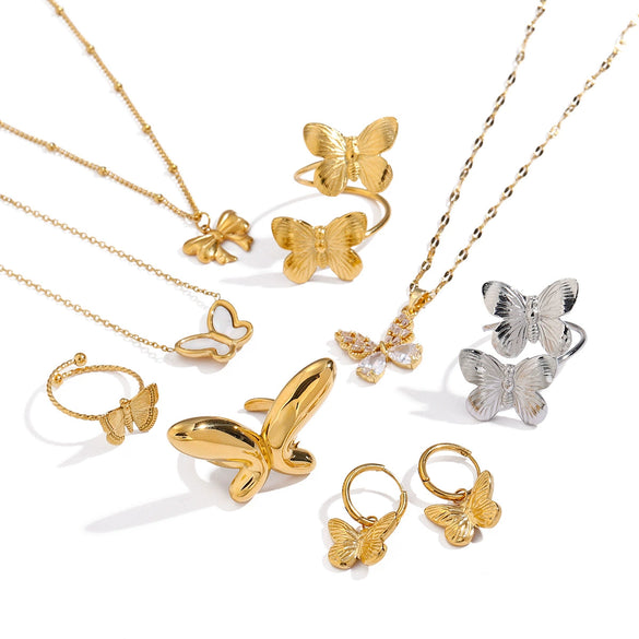 Wholesale Jewelry Stainless Steel Butterfly Necklace And Bracelet Earrings With Rhinestone Pendant Geometric Style Electroplating