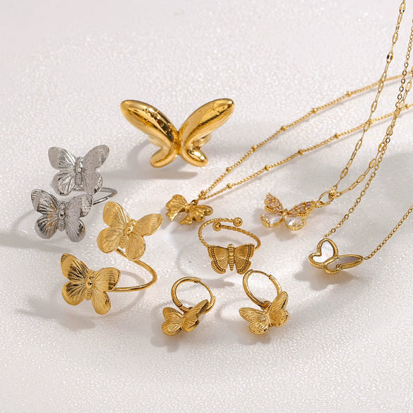 Wholesale Jewelry Stainless Steel Butterfly Necklace And Bracelet Earrings With Rhinestone Pendant Geometric Style Electroplating