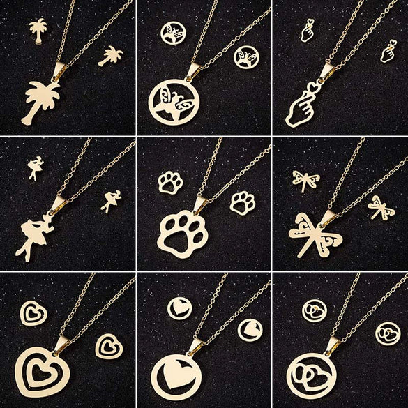 Wholesale Jewelry Stainless Steel Cartoon Animal Heartshaped Necklace Earrings Threepiece Set Electroplated Minimalist Style