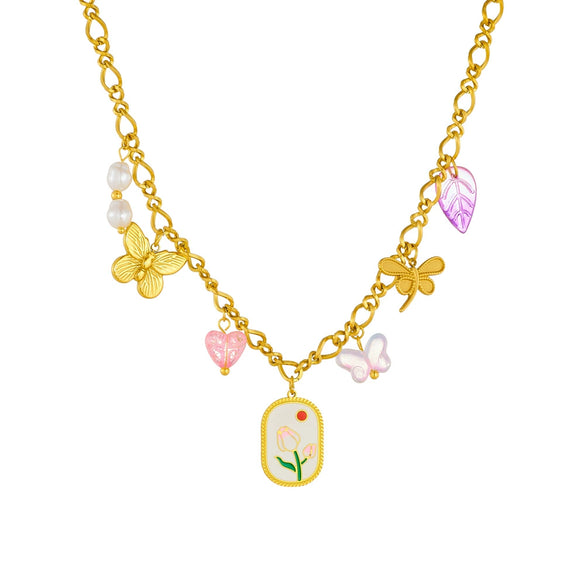Wholesale Jewelry Stainless Steel Chain With Printed Oil Drop Square Butterfly Dragonfly Love Pendant Flower Pattern Electroplated