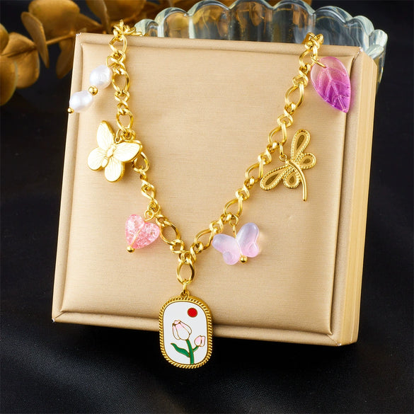 Wholesale Jewelry Stainless Steel Chain With Printed Oil Drop Square Butterfly Dragonfly Love Pendant Flower Pattern Electroplated