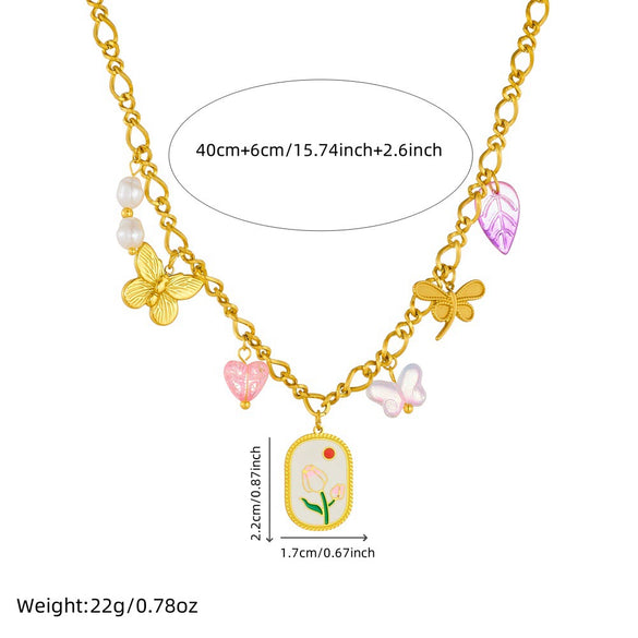 Wholesale Jewelry Stainless Steel Chain With Printed Oil Drop Square Butterfly Dragonfly Love Pendant Flower Pattern Electroplated