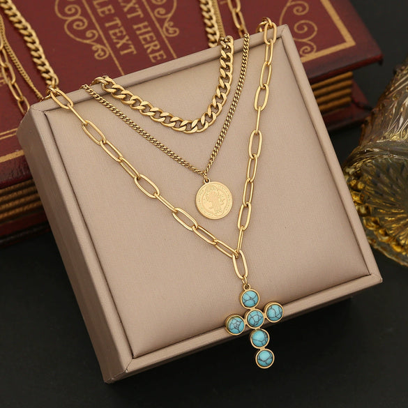 Wholesale Jewelry Stainless Steel Cross Pendant Clavicle Chain With Electroplating