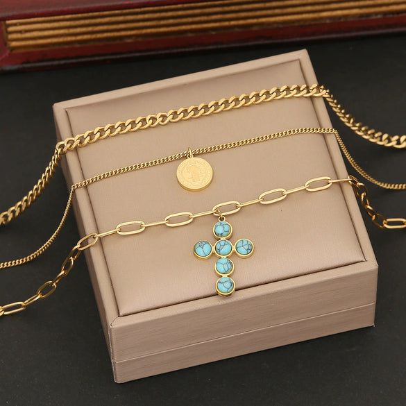 Wholesale Jewelry Stainless Steel Cross Pendant Clavicle Chain With Electroplating
