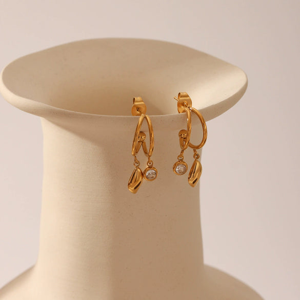 Wholesale Jewelry Stainless Steel Cshaped Geometric Diamond Leaf Pendant Earrings For Women Vacuum Plated