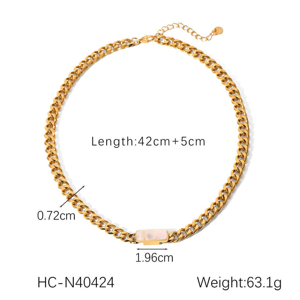 Wholesale Jewelry Stainless Steel Cuban Chain Geometric White Shell Pendant Necklace For Women With Electroplating
