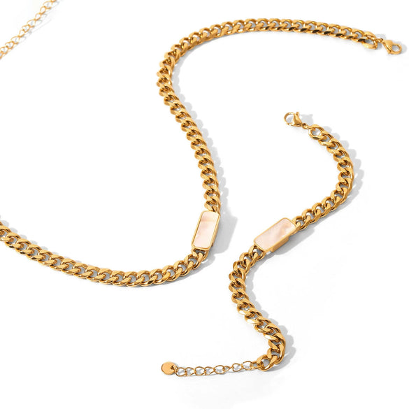 Wholesale Jewelry Stainless Steel Cuban Chain Geometric White Shell Pendant Necklace For Women With Electroplating