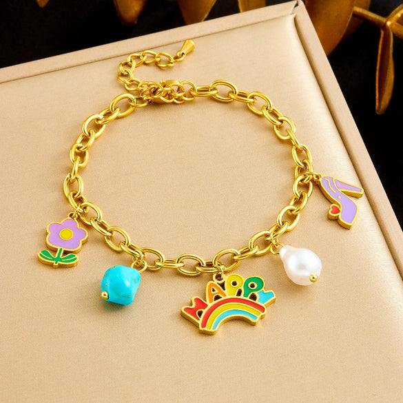 Wholesale Jewelry Stainless Steel Cute Cartoon Oil Drop Happy Rainbow Pendant Electroplating O Chain Women's