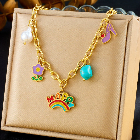 Wholesale Jewelry Stainless Steel Cute Cartoon Oil Drop Happy Rainbow Pendant Electroplating O Chain Women's
