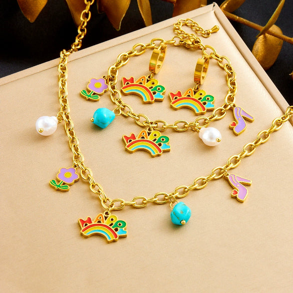 Wholesale Jewelry Stainless Steel Cute Cartoon Oil Drop Happy Rainbow Pendant Electroplating O Chain Women's