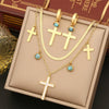 Wholesale Jewelry Stainless Steel Double Chain Turquoise Clavicle Chain With Cross Design Electroplated