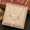 Wholesale Jewelry Stainless Steel Double Chain Turquoise Clavicle Chain With Cross Design Electroplated