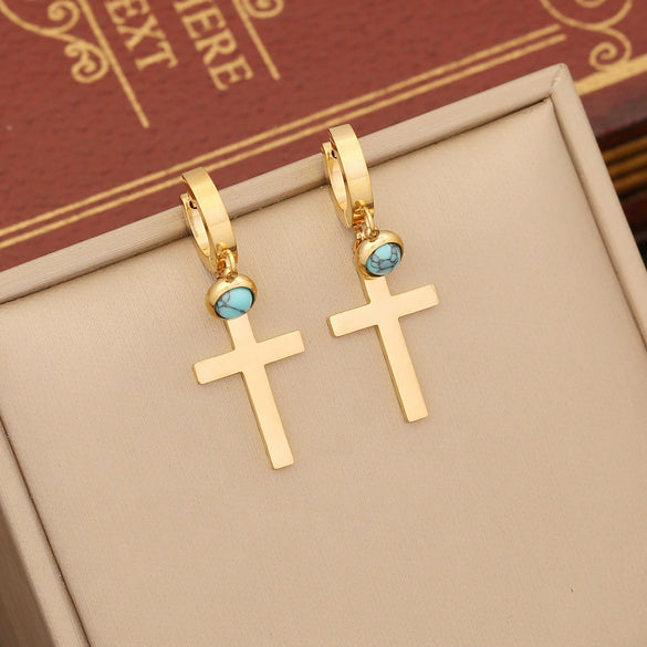 Wholesale Jewelry Stainless Steel Double Chain Turquoise Clavicle Chain With Cross Design Electroplated