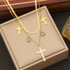 Wholesale Jewelry Stainless Steel Double Chain Turquoise Clavicle Chain With Cross Design Electroplated