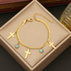 Wholesale Jewelry Stainless Steel Double Chain Turquoise Clavicle Chain With Cross Design Electroplated