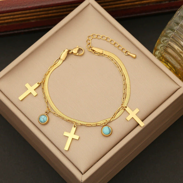 Wholesale Jewelry Stainless Steel Double Chain Turquoise Clavicle Chain With Cross Design Electroplated