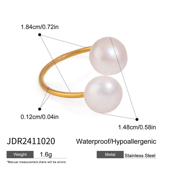 Wholesale Jewelry Stainless Steel Double Layer Hollow Freshwater Pearl Geometric Style Electroplated Ring For Women