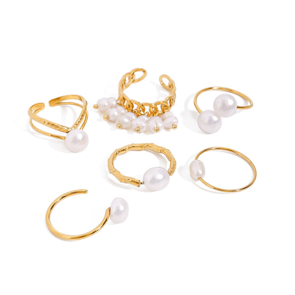 Wholesale Jewelry Stainless Steel Double Layer Hollow Freshwater Pearl Geometric Style Electroplated Ring For Women
