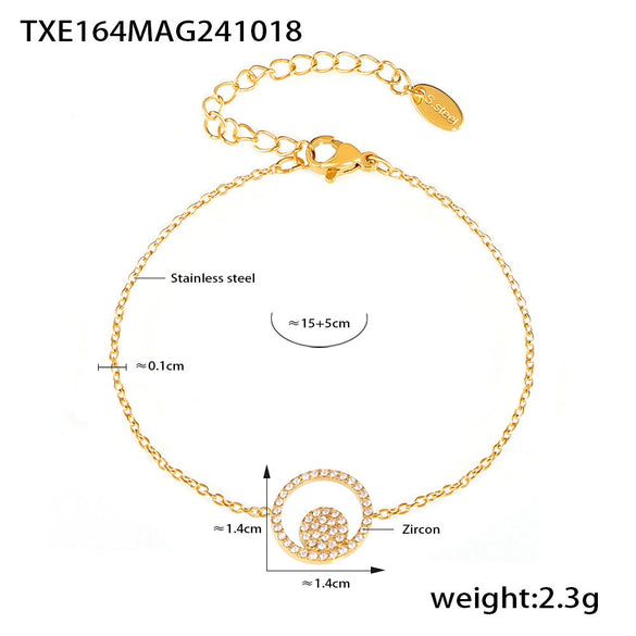 Wholesale Jewelry 316L Stainless Steel Double Round Inlaid Zircon Electroplated Bracelet Necklace Ring Set Simple Style