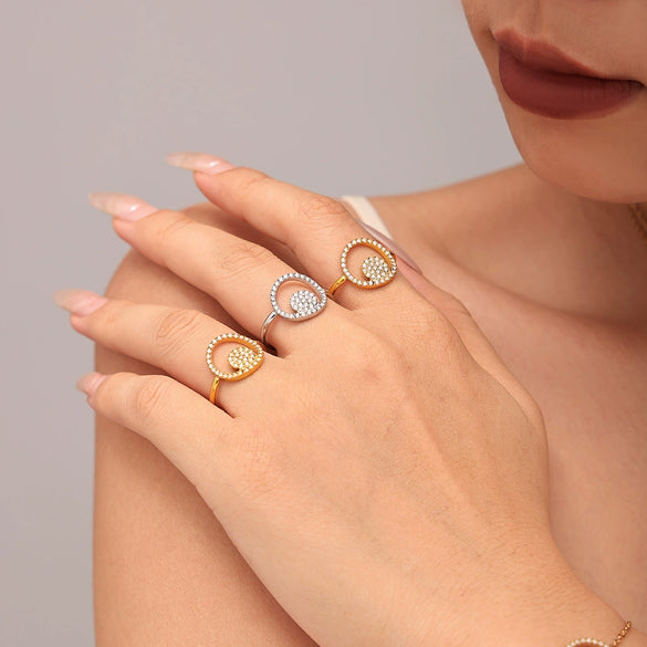 Wholesale Jewelry 316L Stainless Steel Double Round Inlaid Zircon Electroplated Bracelet Necklace Ring Set Simple Style