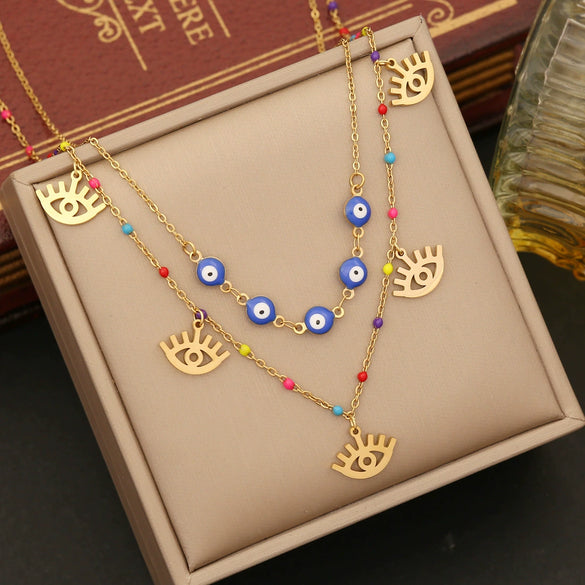 Wholesale Jewelry Stainless Steel Doublelayer Ochain Colorful Bead Clavicle Chain With Dripping Oil Design For Women